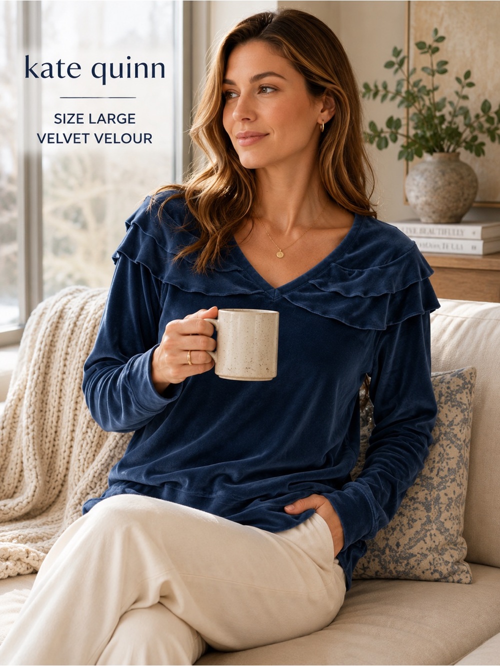 Kate Quinn Blue Velour Ruffle V-Neck Pullover Top Large NWT Cozy Coastal Lounge